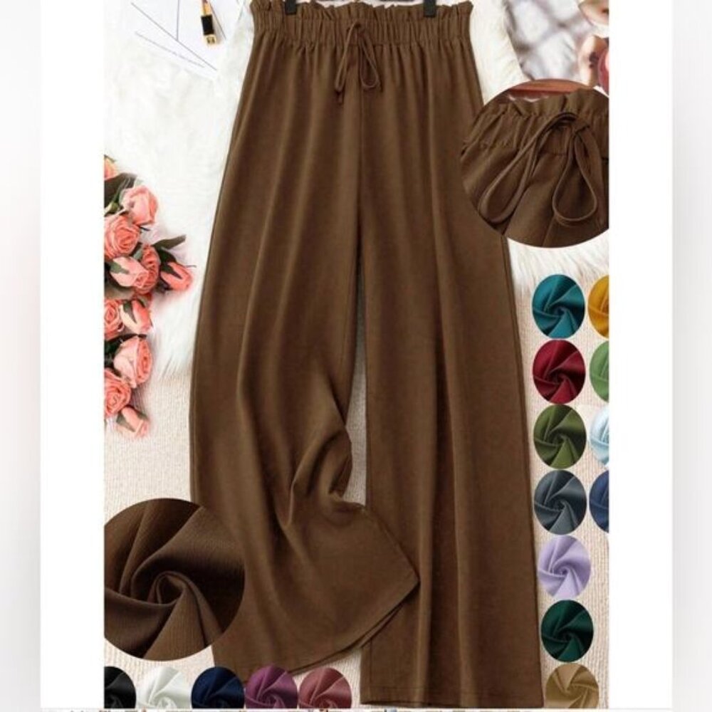 New SHEIN Plus Size Tie Detail Paperbag Waist Wide Leg Pants Brown SIZE 0XL
